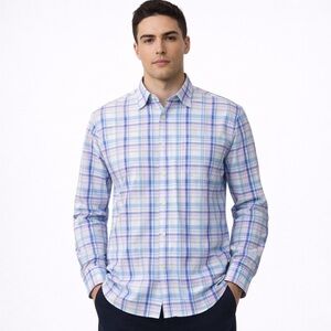 Peter Millar Men’s Button Up Shirt Pink Blue Plaid XL Cotton Blend